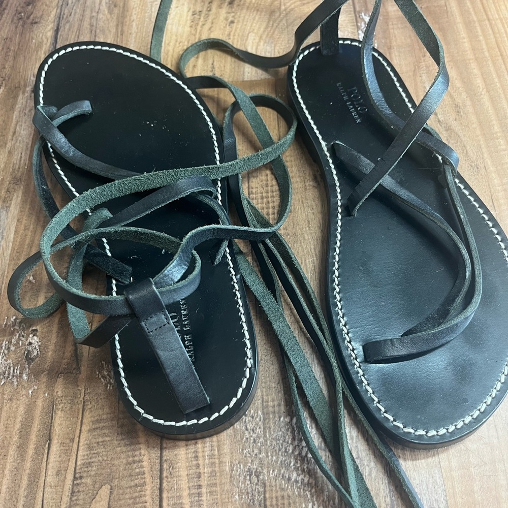 Polo Ralph Lauren 7.5 Gladiator Sandals Wrap Ankle Flats Tie Strappy Shoes Black - Picture 3 of 4